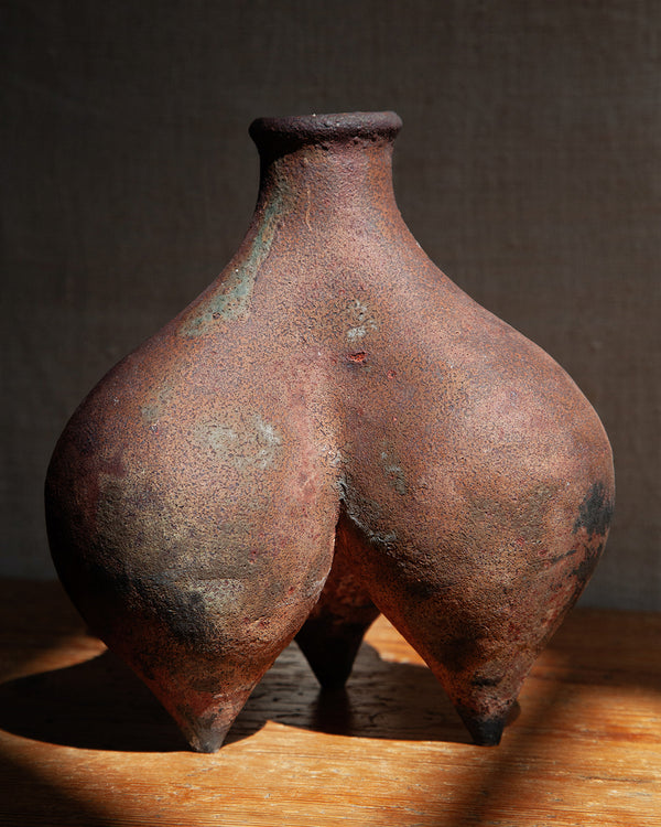 tripod vessel, in black stoneware clay, black velvet raku #2
