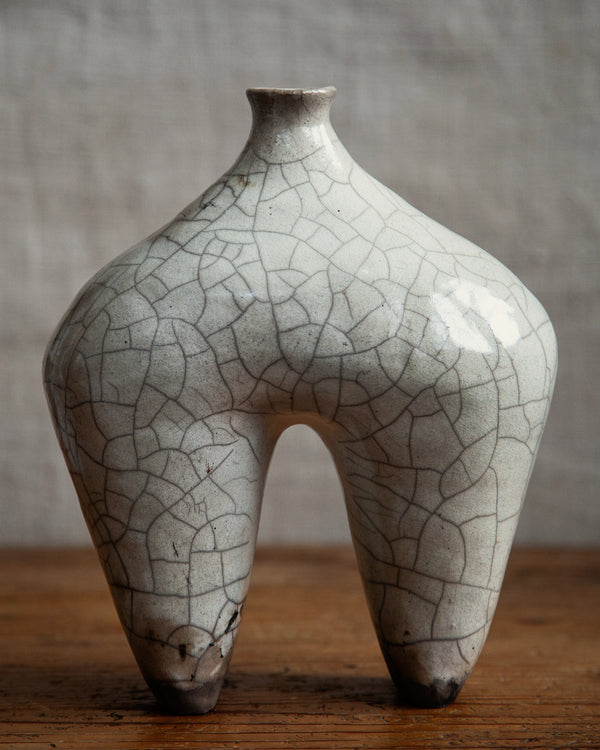 hairpin vessel, in white stoneware, white crackle raku #1