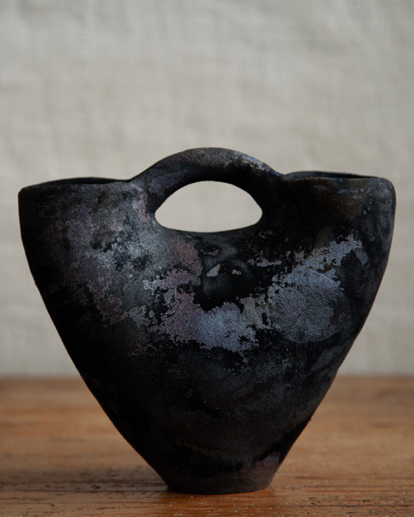 double mouthed vessel with handle, in Black Velvet Raku
