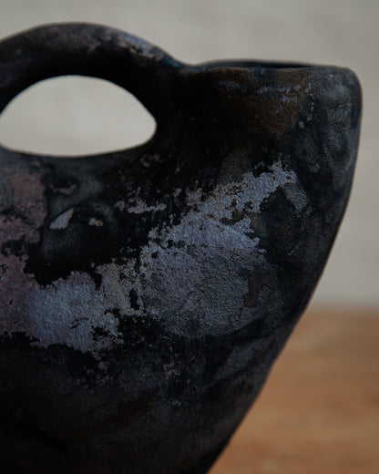 double mouthed vessel with handle, in Black Velvet Raku