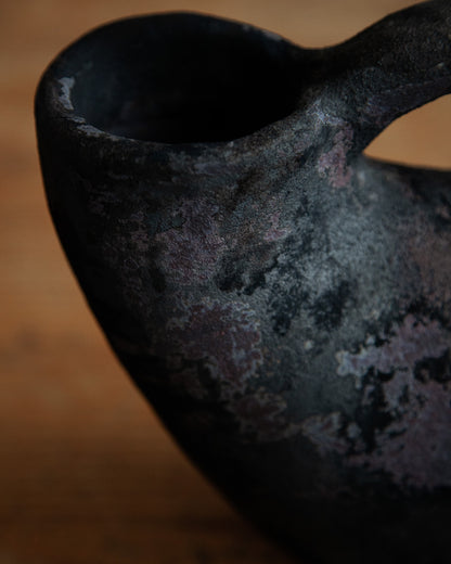 double mouthed vessel with handle, in Black Velvet Raku