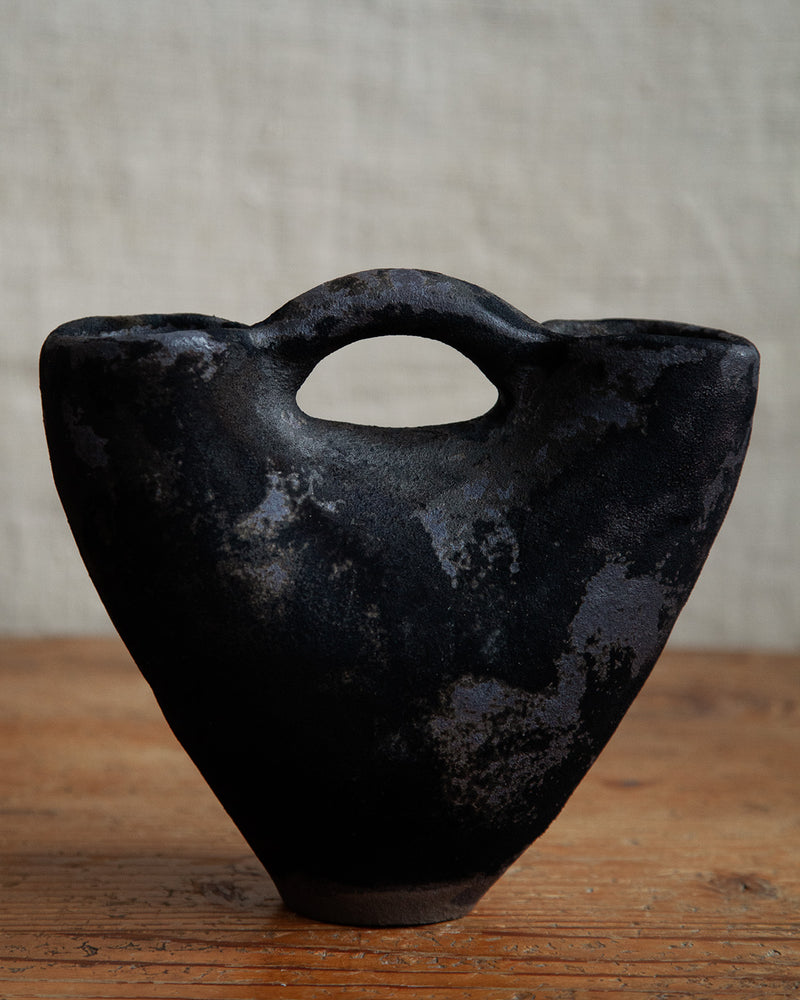 double mouthed vessel with handle, in Black Velvet Raku