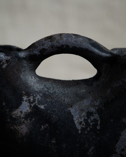 double mouthed vessel with handle, in Black Velvet Raku