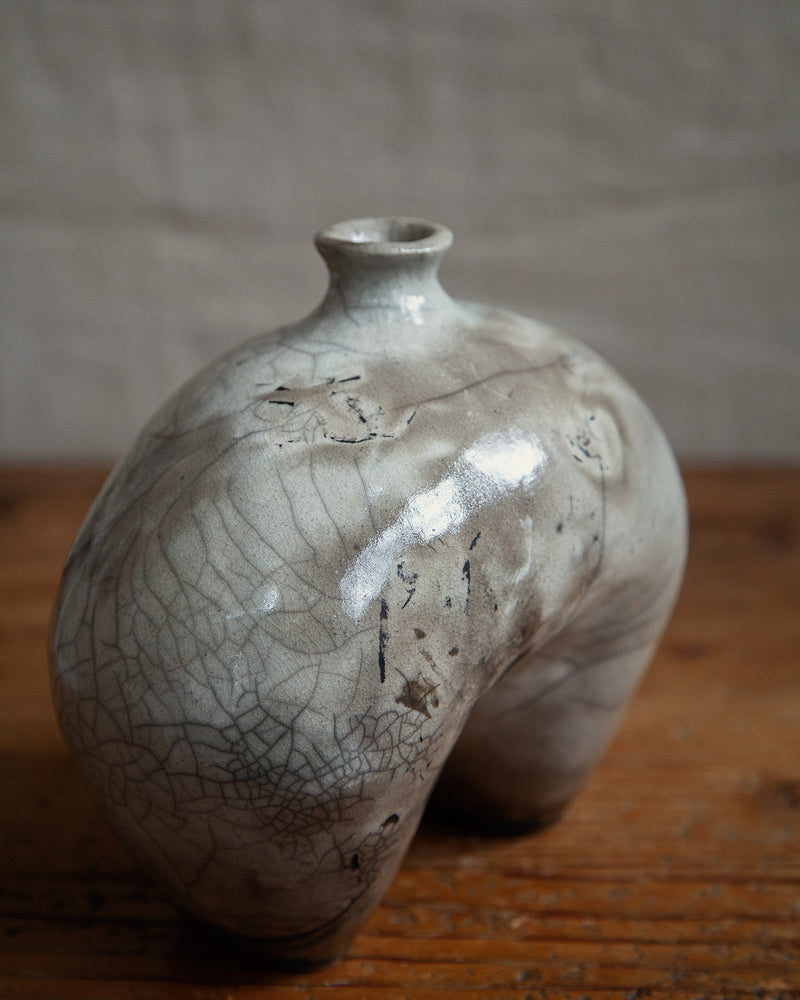 hairpin vessel, in white stoneware, white crackle raku #2